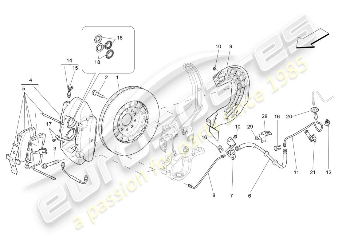 maserati ghibli fragment (2022) diagrama de piezas de los dispositivos de frenado en las ruedas delanteras