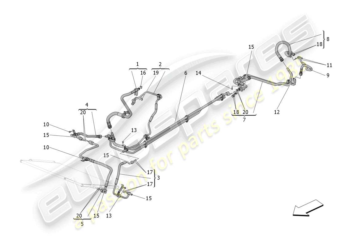 maserati mc20 (2022) unidad de a/c: dispositivos del compartimiento del motor diagrama de piezas