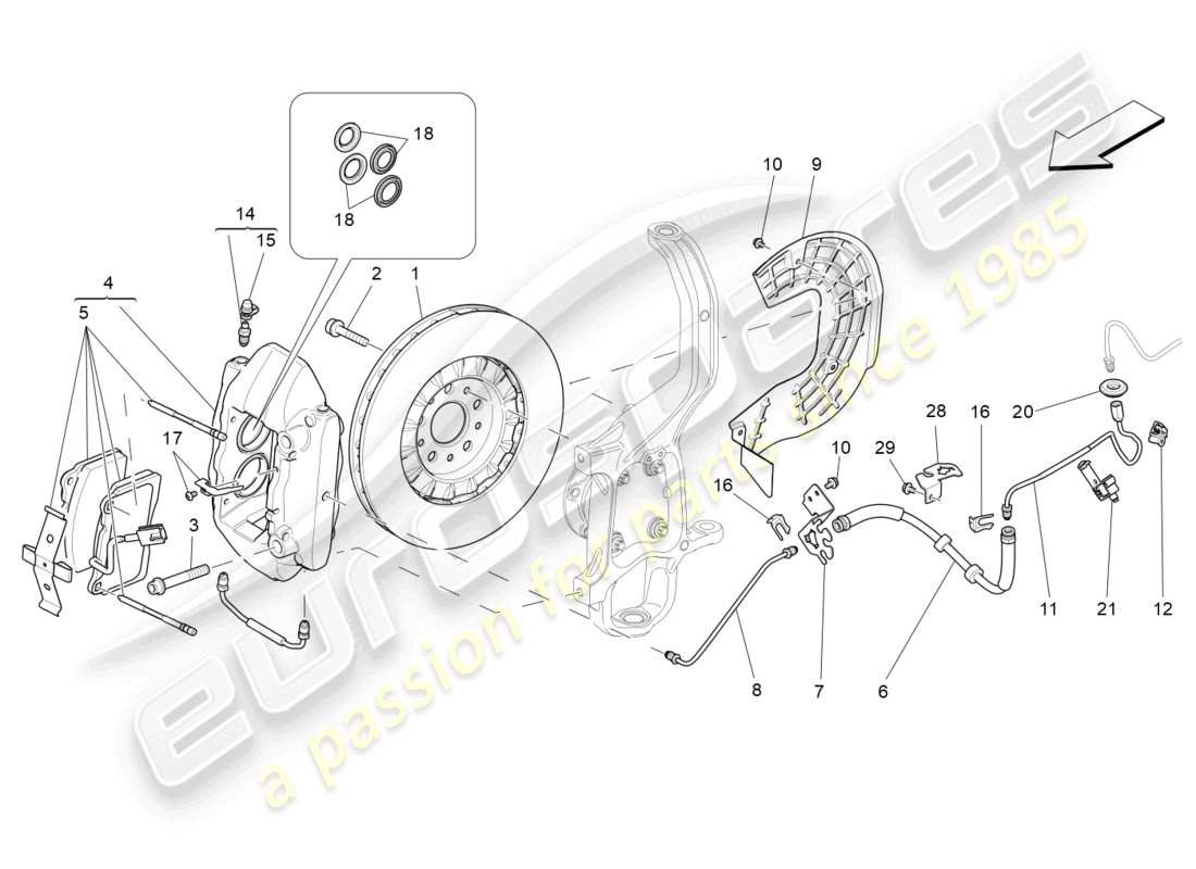 maserati ghibli (2014) dispositivos de frenado en las ruedas delanteras diagrama de piezas