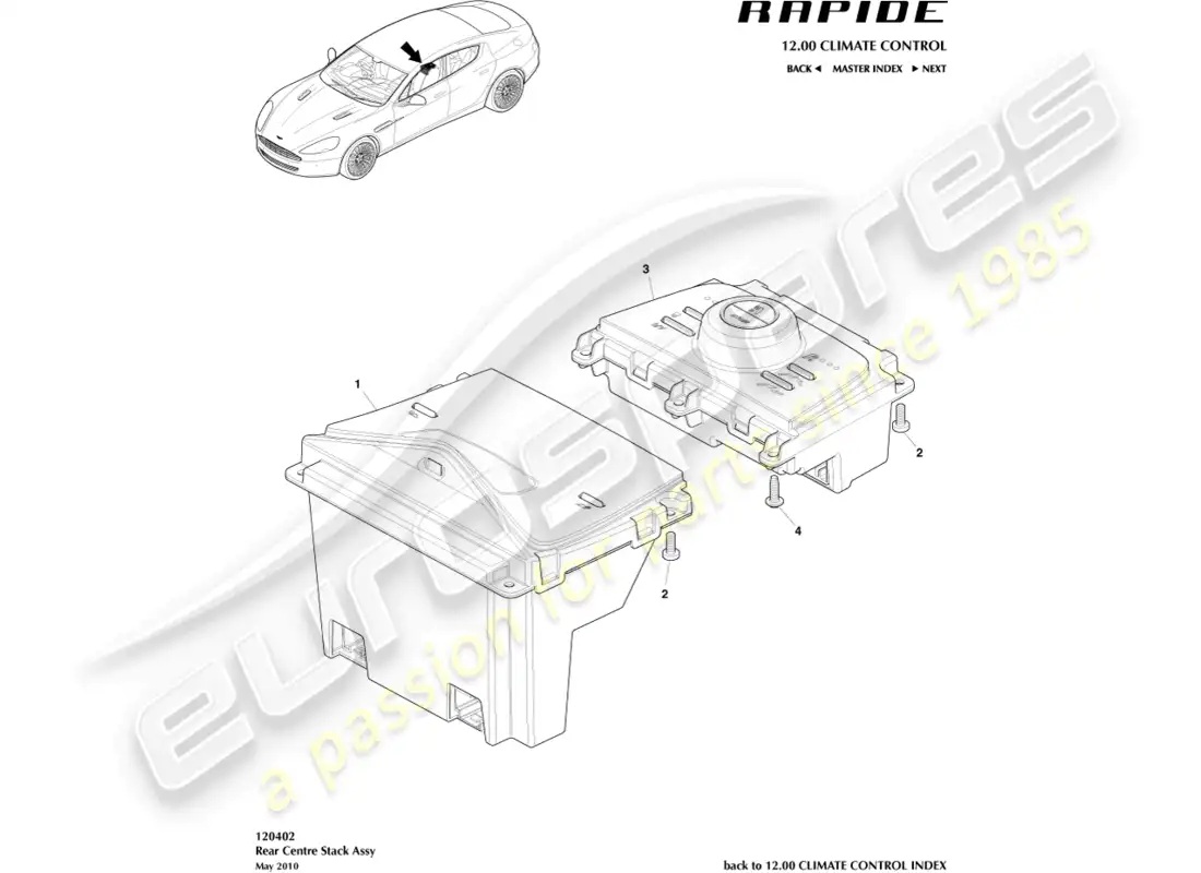 aston martin rapide (2012) controles de hvac traseros diagrama de piezas