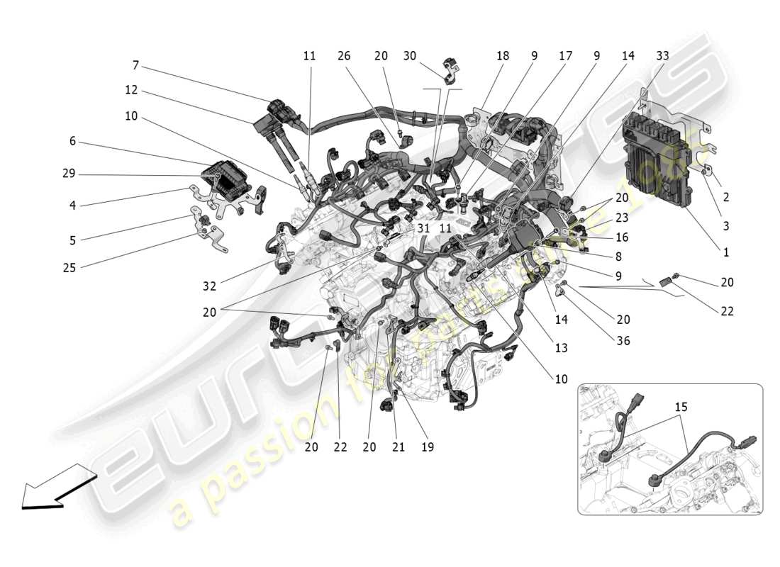 maserati grecale trofeo (2023) control electrónico: diagrama de piezas de control de sincronización del motor y inyección