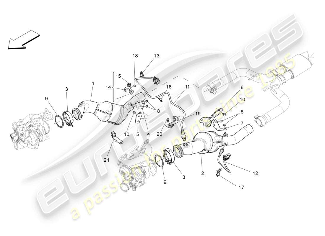 maserati ghibli (2014) diagrama de piezas de convertidores precatalíticos y convertidores catalíticos