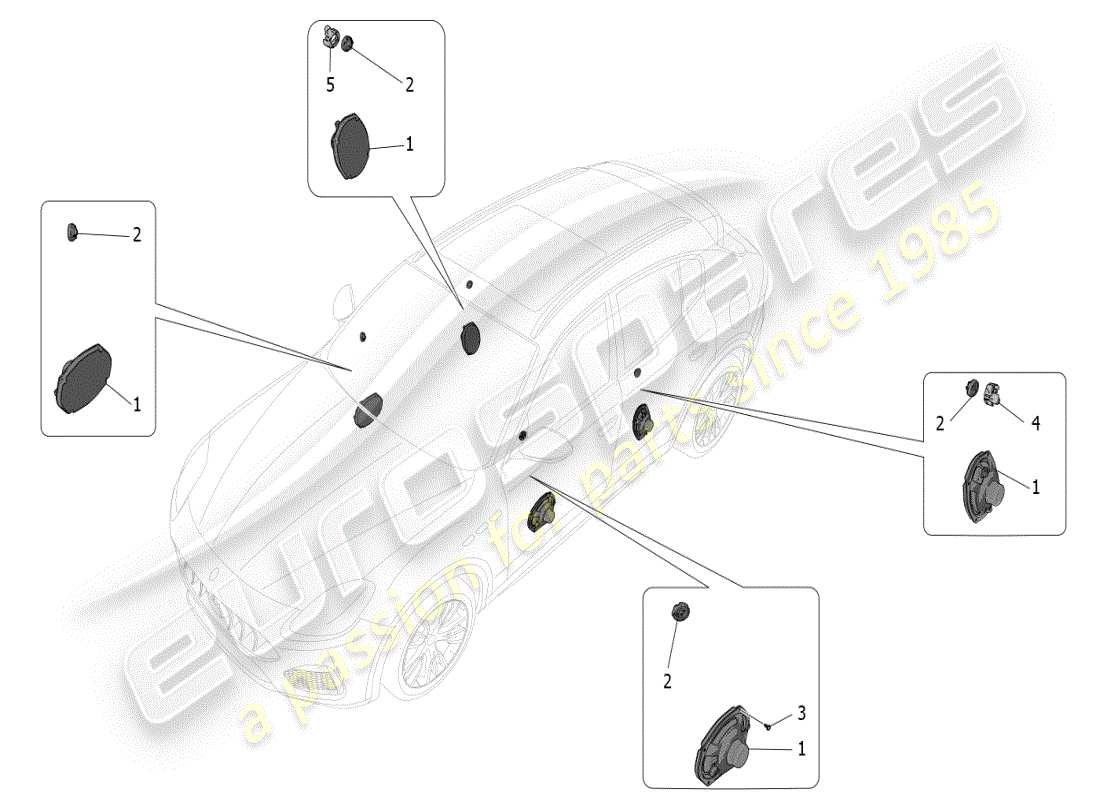 maserati grecale modena (2023) diagrama de piezas del sistema de difusión de sonido