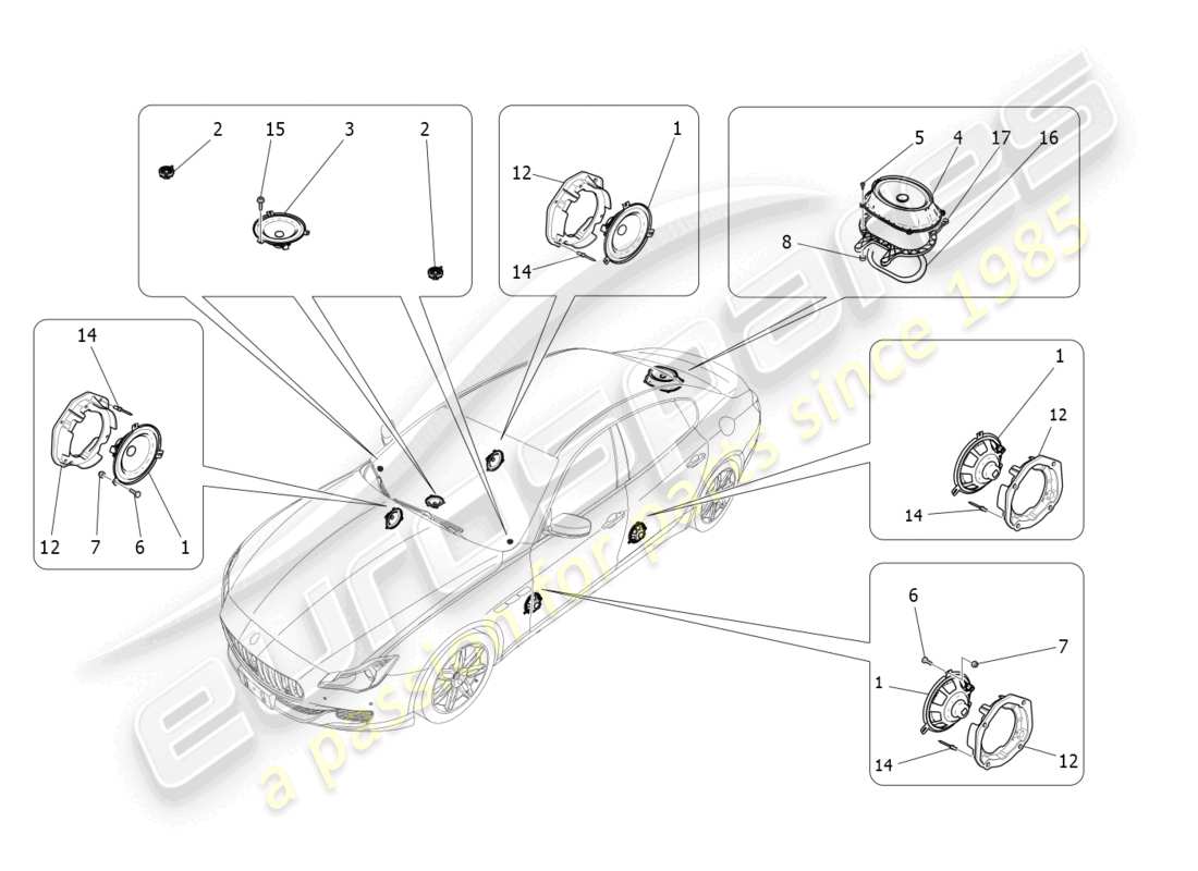 maserati quattroporte (2018) diagrama de piezas del sistema de difusión de sonido