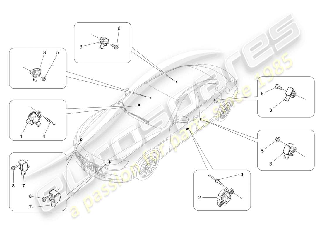 maserati ghibli fragment (2022) diagrama de piezas de los sensores de colisión