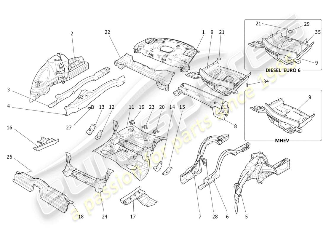 maserati ghibli fragment (2022) diagrama de piezas de marcos estructurales traseros y paneles de chapa