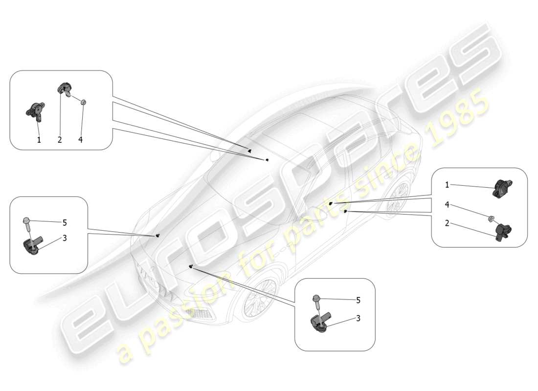 maserati grecale trofeo (2023) diagrama de piezas de los sensores de colisión