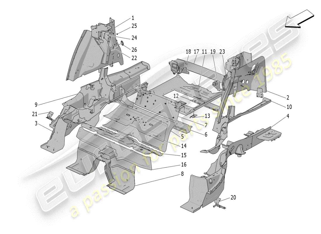 maserati grecale modena (2023) diagrama de piezas de marcos estructurales traseros y paneles de chapa