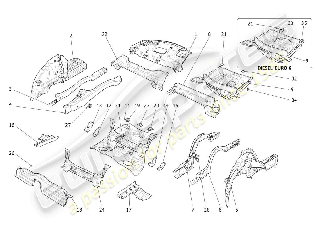 maserati quattroporte (2018) diagrama de piezas de marcos estructurales traseros y paneles de chapa