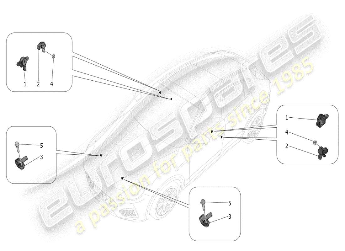 maserati grecale modena (2023) diagrama de piezas de los sensores de colisión