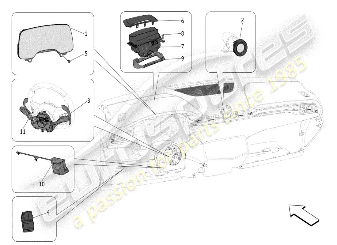 maserati grecale modena (2023) diagrama de piezas de los dispositivos del tablero