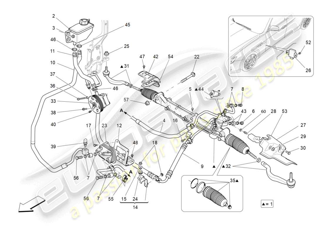 maserati ghibli (2014) diagrama de pieza de la unidad de cremallera de dirección completa