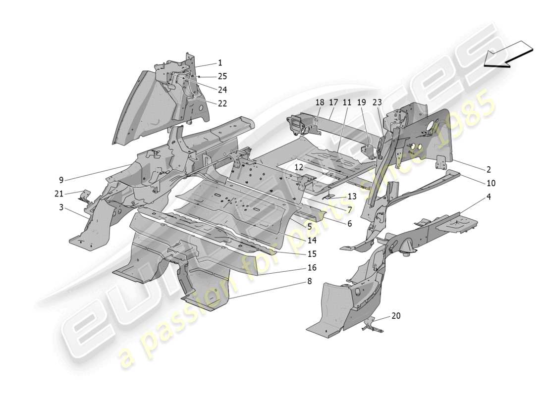 maserati grecale trofeo (2023) diagrama de piezas de marcos estructurales traseros y paneles de chapa