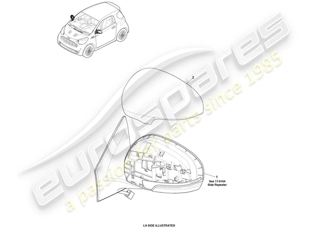 aston martin cygnet (2012) diagrama de piezas de vidrio del espejo exterior