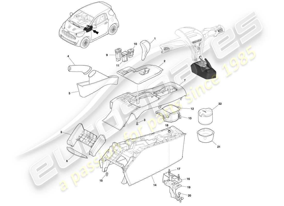 aston martin cygnet (2012) consola central de piso - automática diagrama de piezas