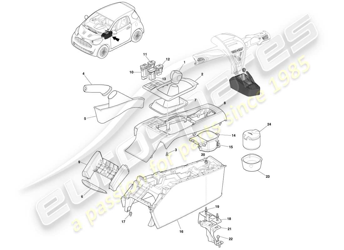 aston martin cygnet (2012) consola central de piso - diagrama de piezas del manual