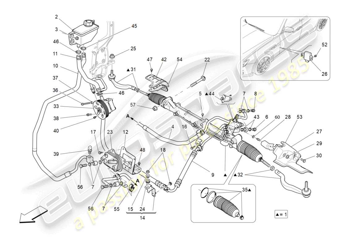 maserati ghibli (2017) diagrama de pieza de la unidad de cremallera de dirección completa
