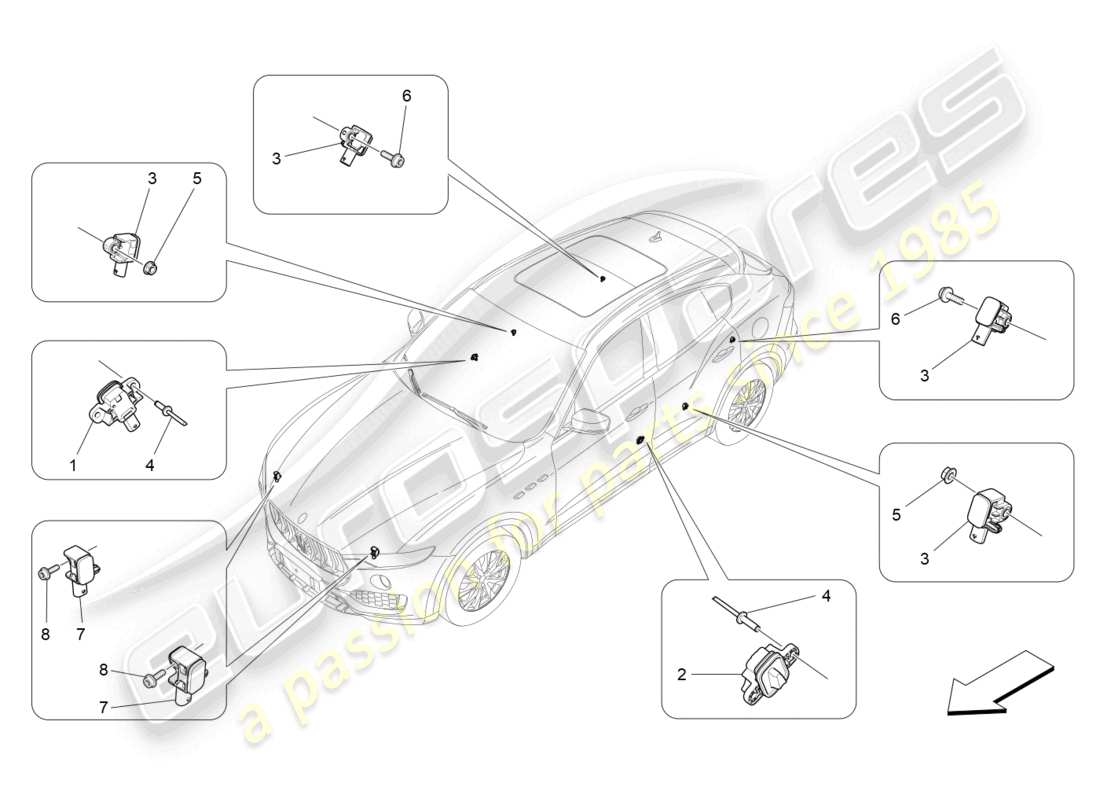 maserati levante (2020) diagrama de piezas de los sensores de colisión