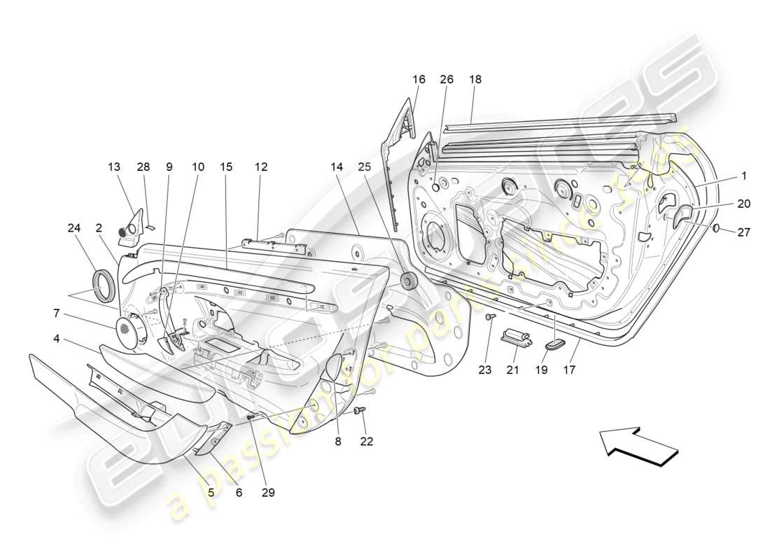 maserati grancabrio mc (2013) puertas delanteras: diagrama de piezas de los paneles embellecedores