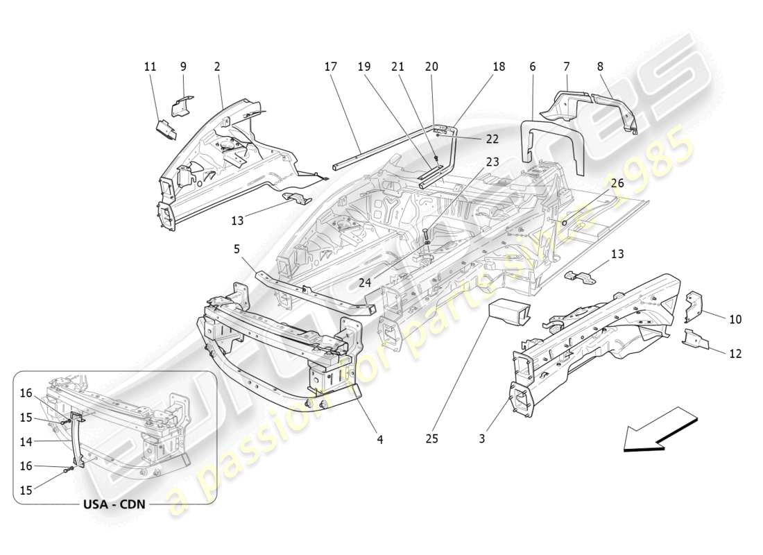 maserati grancabrio mc (2013) diagrama de piezas de marcos estructurales frontales y paneles laminares
