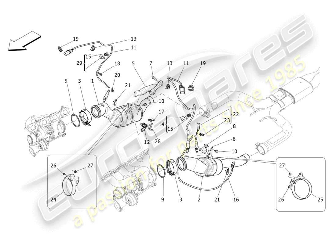 maserati levante gts (2020) diagrama de piezas de convertidores precatalíticos y convertidores catalíticos