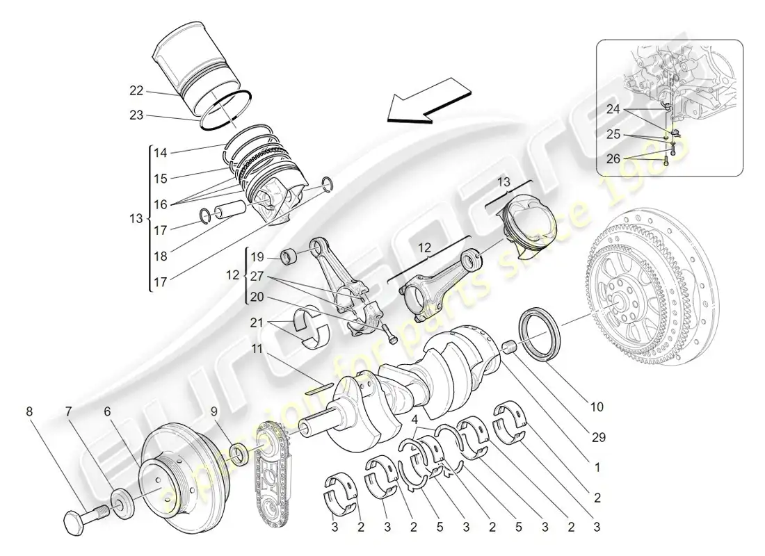 maserati granturismo (2009) mecanismo de manivela diagrama de piezas