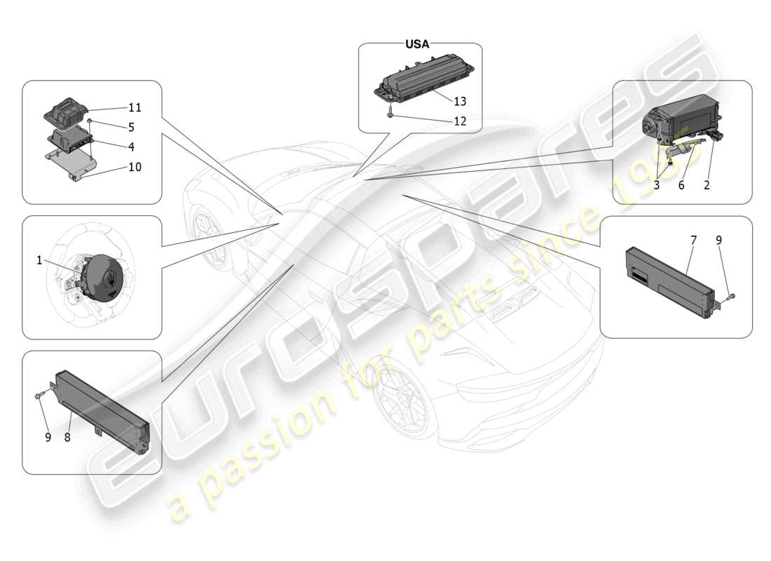 maserati mc20 cielo (2023) diagrama de piezas del sistema de airbag