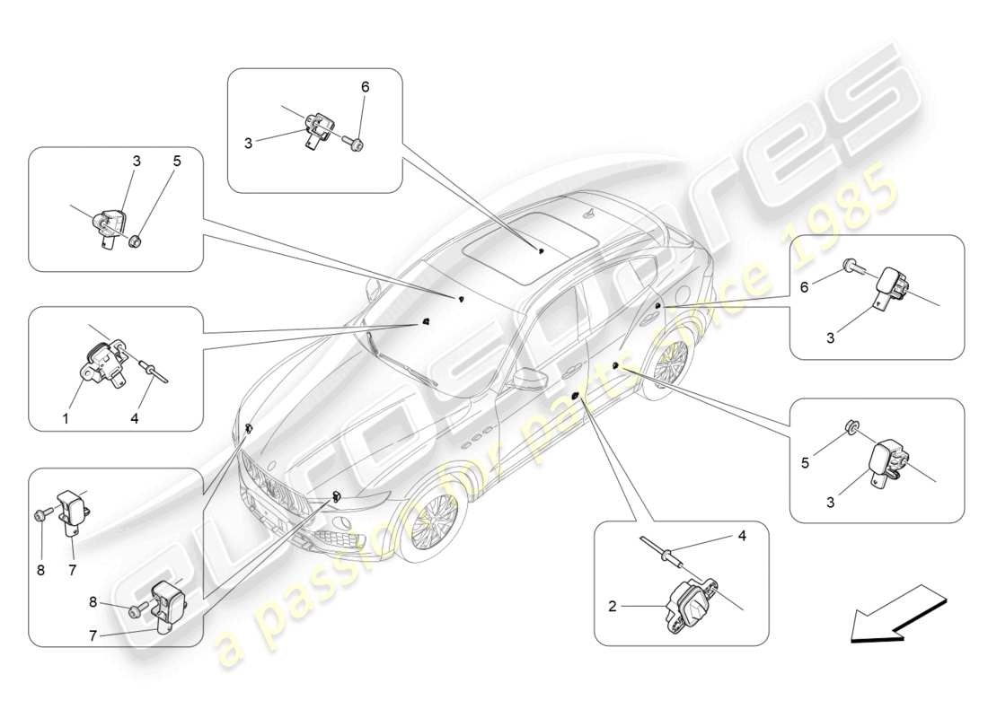 maserati levante modena (2022) diagrama de piezas de los sensores de colisión