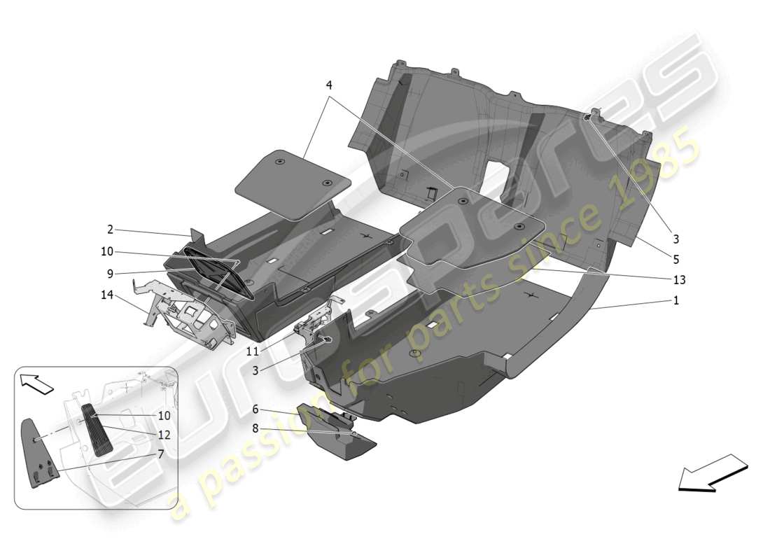 maserati mc20 cielo (2023) alfombrillas del habitáculo diagrama de piezas