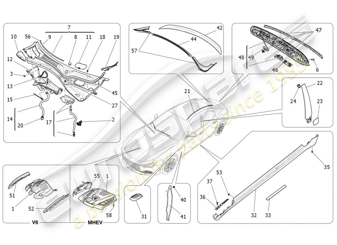 maserati ghibli (2014) diagrama de piezas de escudos, molduras y paneles de cobertura