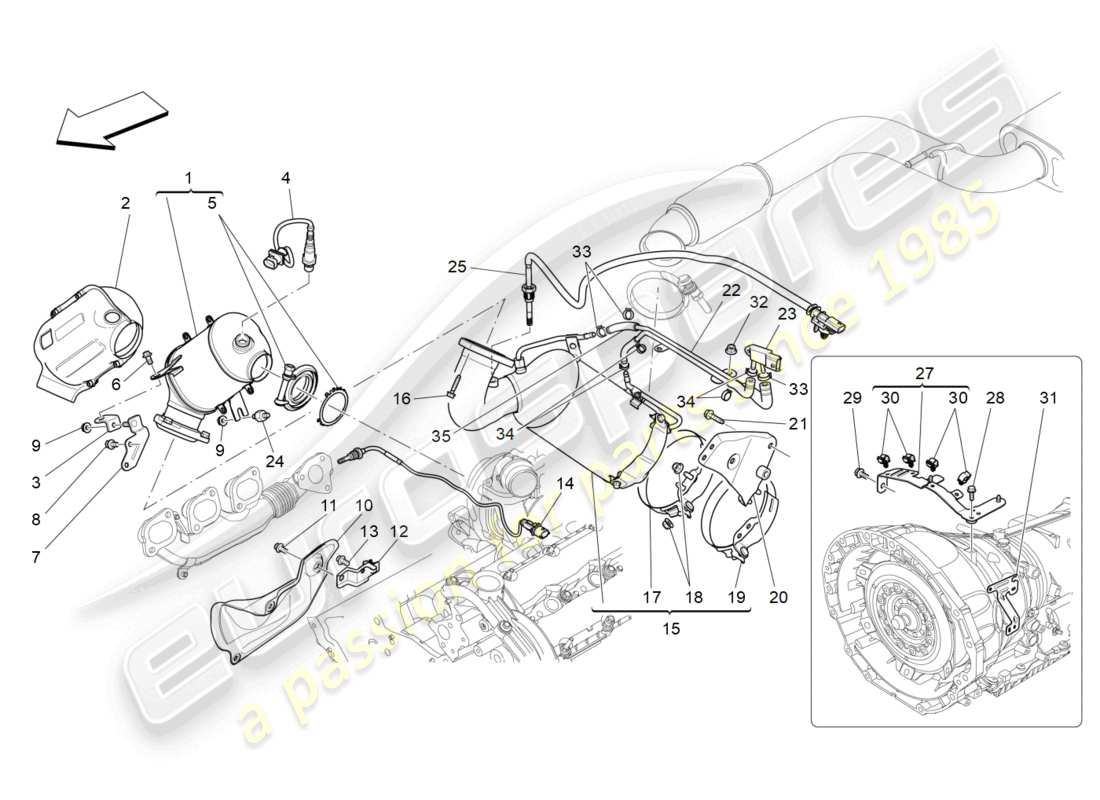 maserati ghibli (2014) diagrama de piezas de convertidores precatalíticos y convertidores catalíticos