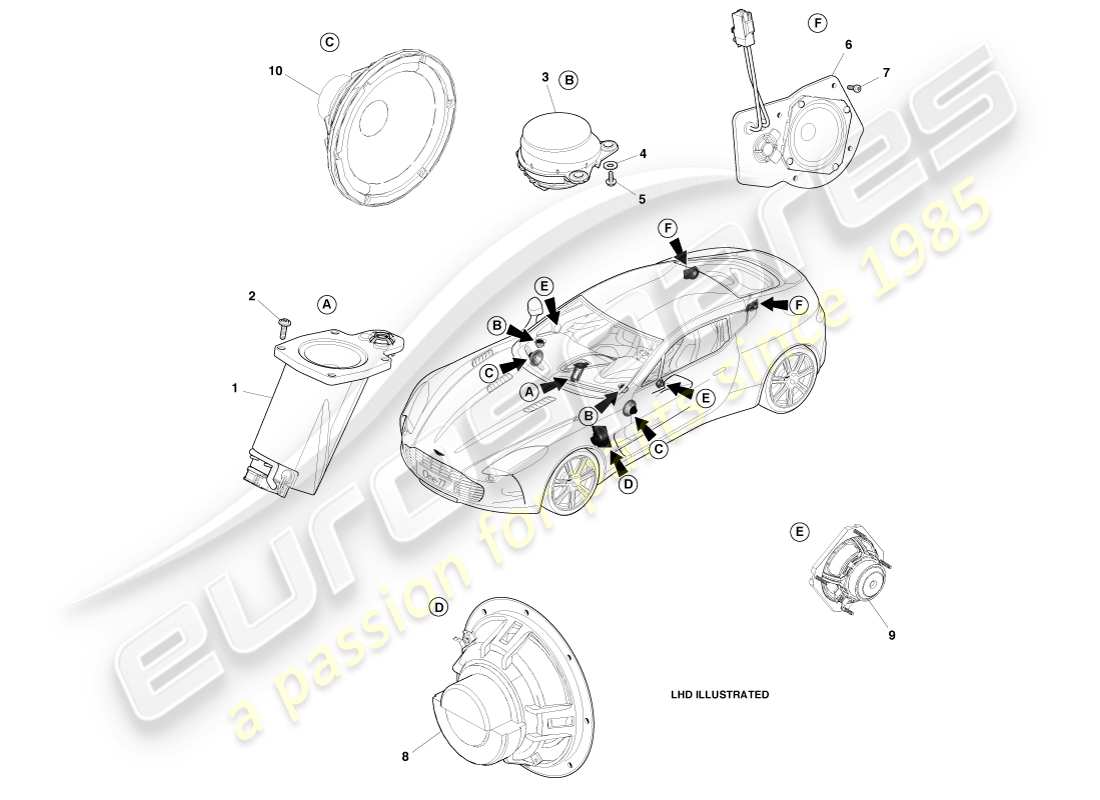 aston martin one-77 (2011) diagrama de piezas de los altavoces