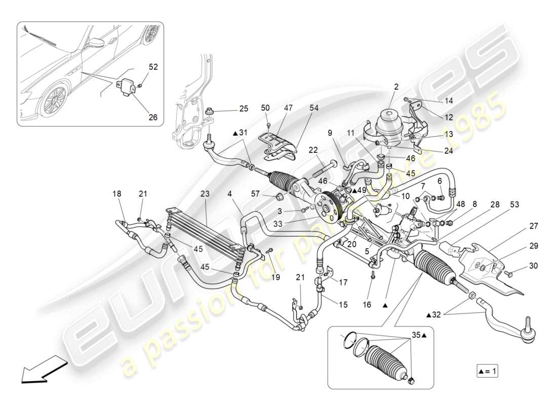 maserati ghibli (2014) diagrama de pieza de la unidad de cremallera de dirección completa