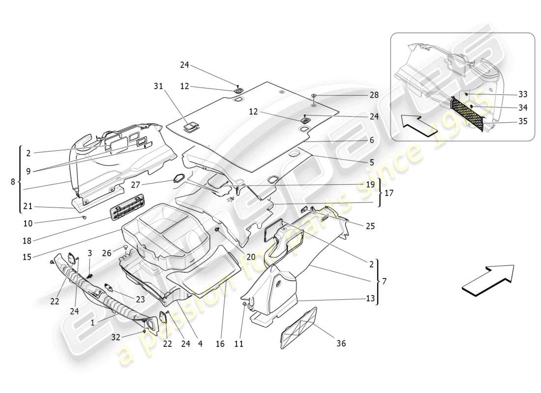maserati ghibli (2014) alfombrillas del maletero diagrama de piezas