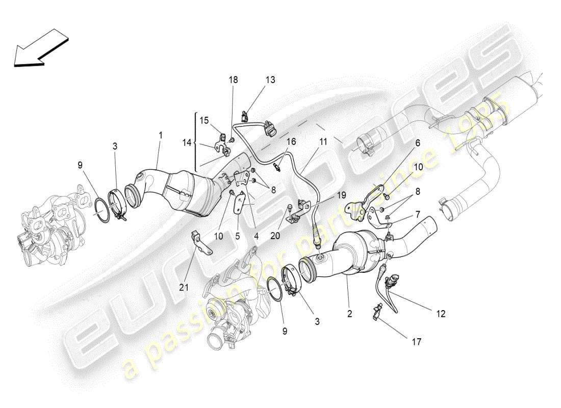 maserati ghibli (2021) diagrama de piezas de convertidores precatalíticos y convertidores catalíticos