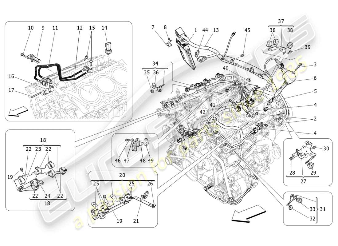 maserati ghibli (2018) control electrónico: diagrama de piezas de control de sincronización del motor y inyección