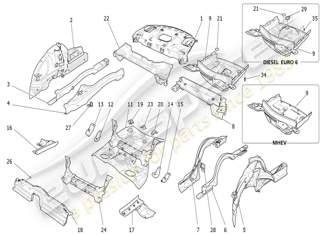 maserati ghibli (2021) diagrama de piezas de marcos estructurales traseros y paneles de chapa