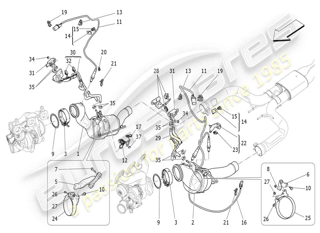 maserati ghibli (2021) diagrama de piezas de convertidores precatalíticos y convertidores catalíticos