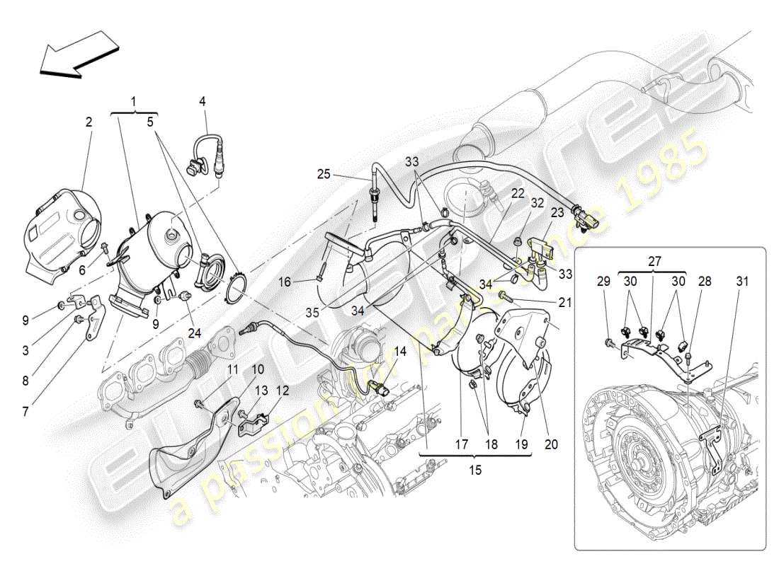 maserati ghibli (2021) diagrama de piezas de convertidores precatalíticos y convertidores catalíticos