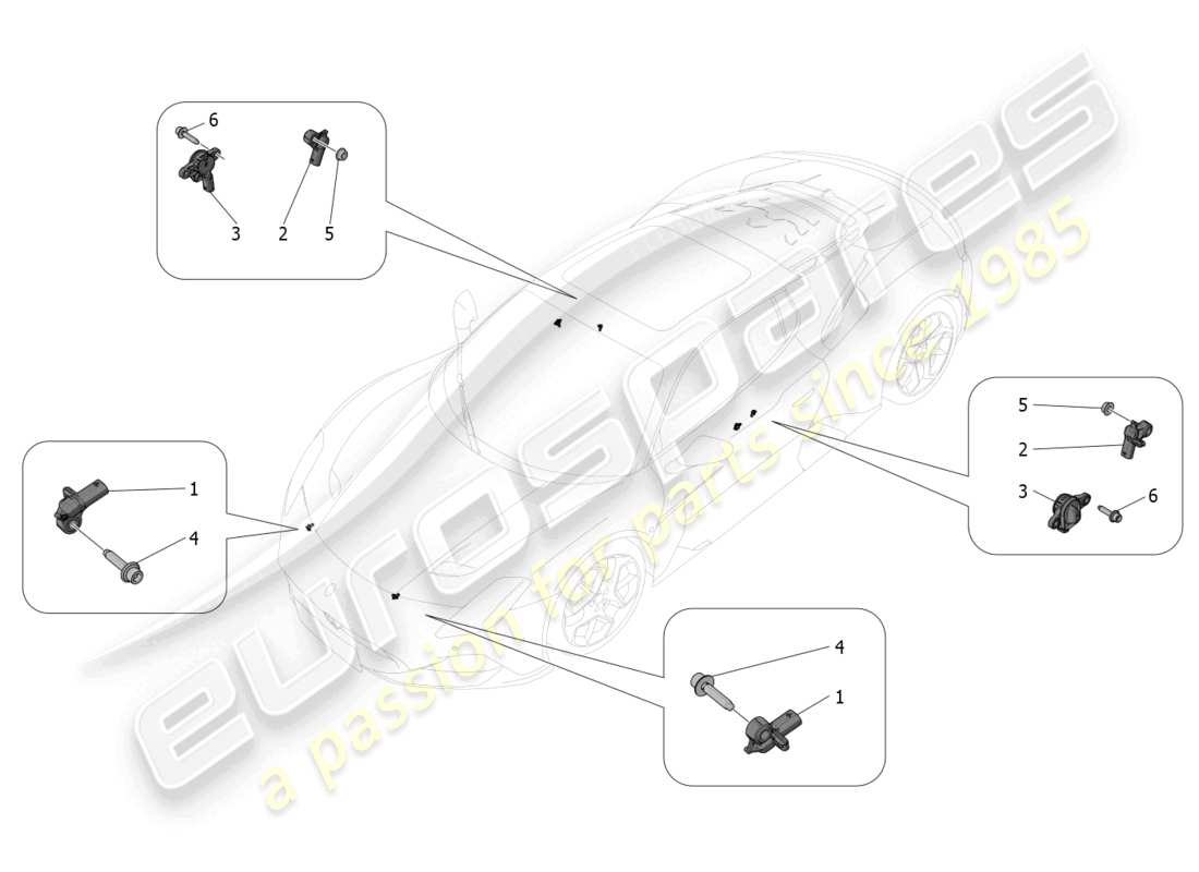 maserati mc20 (2023) diagrama de piezas de los sensores de colisión