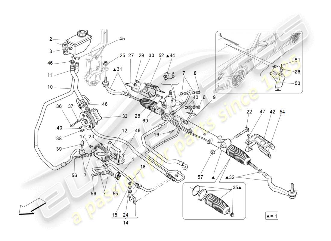 maserati ghibli (2014) diagrama de pieza de la unidad de cremallera de dirección completa