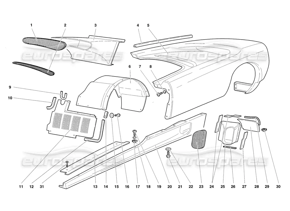 lamborghini diablo sv (1998) elementos de la carrocería: flanco izquierdo diagrama de piezas