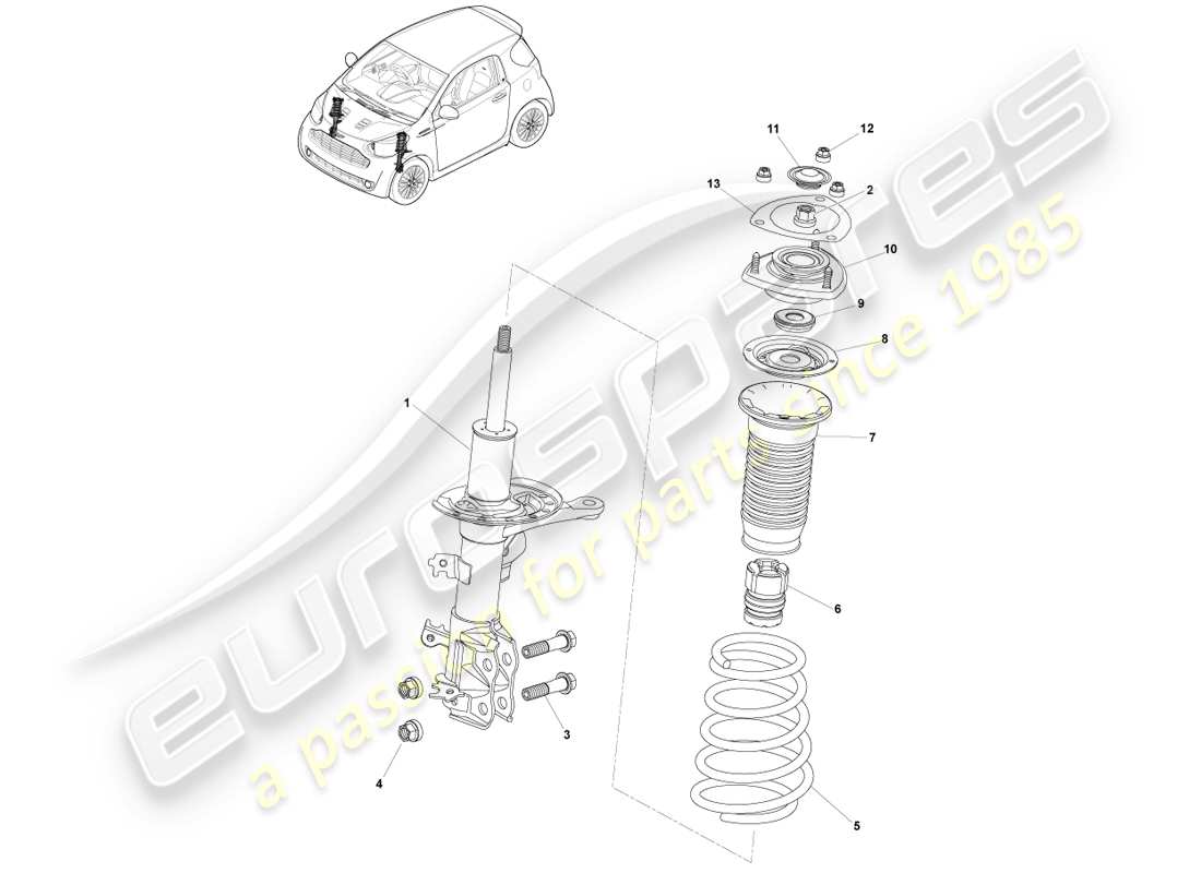 aston martin cygnet (2012) diagrama de piezas del amortiguador y resorte de la suspensión delantera