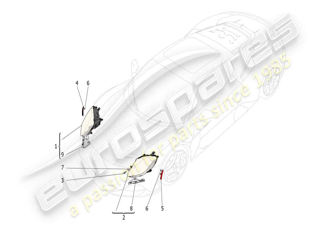 maserati mc20 (2024) diagrama de piezas de los grupos de faros