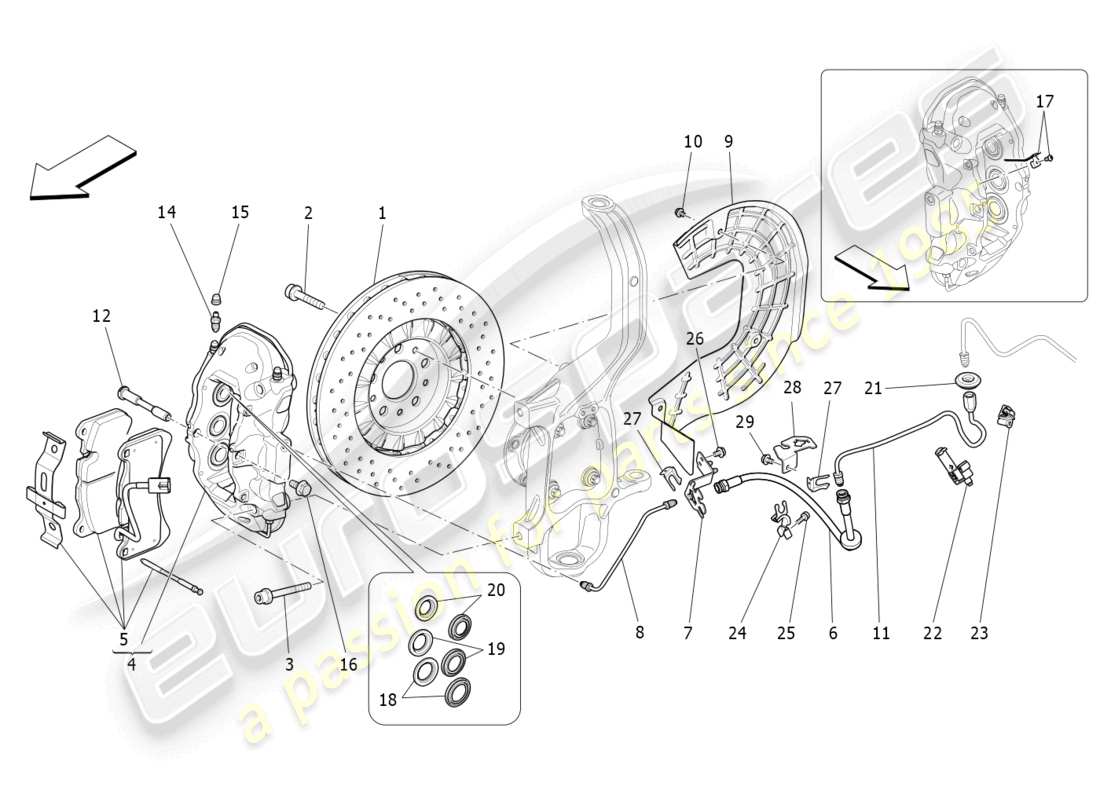 maserati ghibli (2017) diagrama de piezas de los dispositivos de frenado en las ruedas delanteras