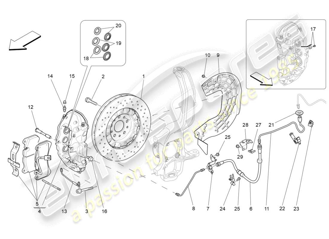maserati levante (2020) dispositivos de frenado en las ruedas delanteras diagrama de piezas