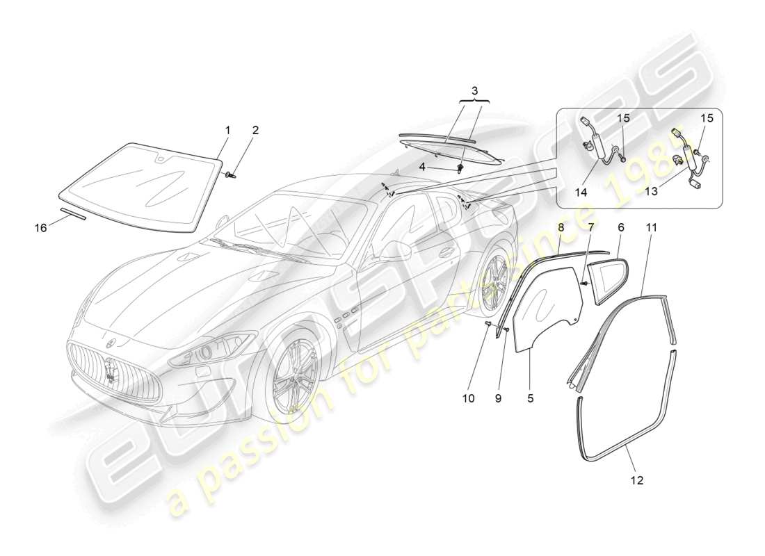 maserati granturismo mc stradale (2013) diagrama de piezas de ventanas y listones de ventanas