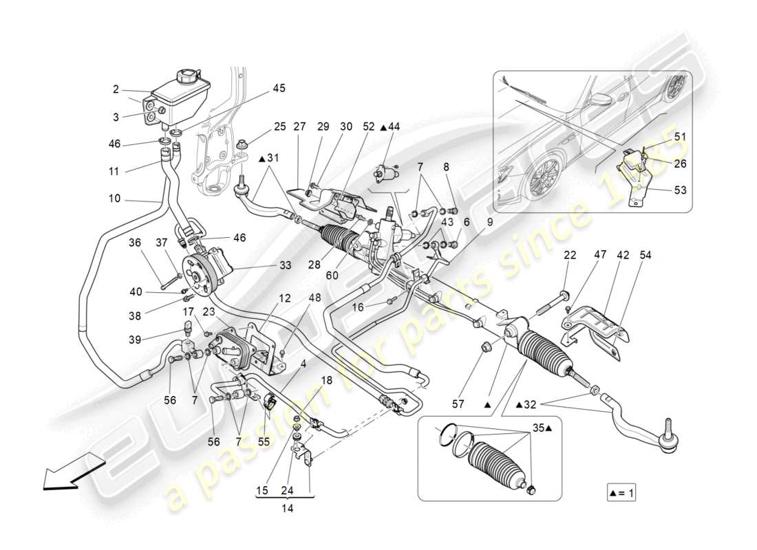 maserati ghibli (2017) diagrama de pieza de la unidad de cremallera de dirección completa