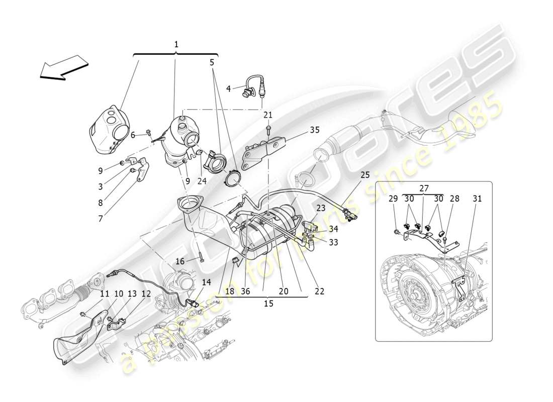 maserati levante (2020) convertidores precatalíticos y convertidores catalíticos. diagrama de piezas