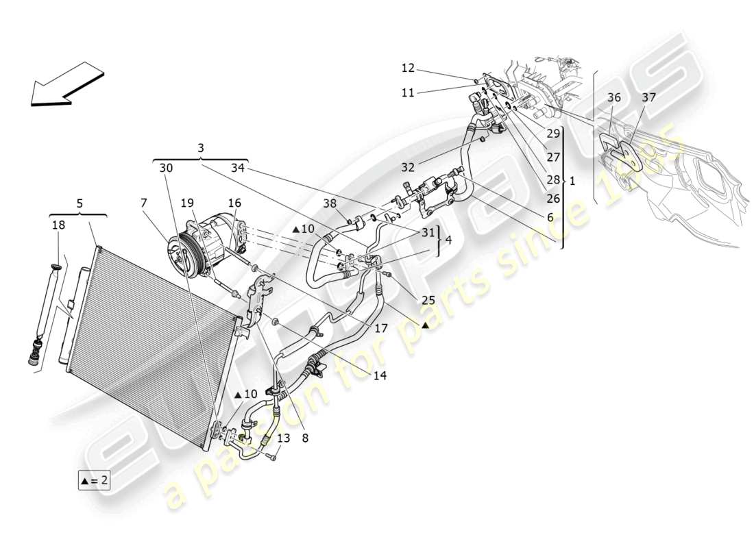 maserati levante gt (2022) unidad de a/c: dispositivos del compartimiento del motor diagrama de piezas